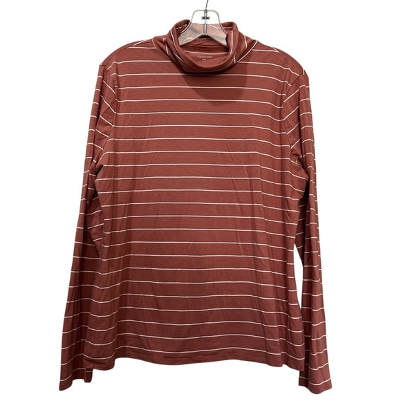 Garnet Hill Tops - Garnet Hill XL Salmon White Stripe Long Sleeve Mock Neck Pima Cotton Shirt Y1